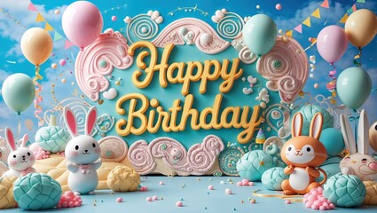 Fototapeta premium Festive backdrop featuring cute bunnies, colorful balloons, and an elaborate birthday greeting. Perfect for a cheerful celebration, the scene radiates joy and excitement