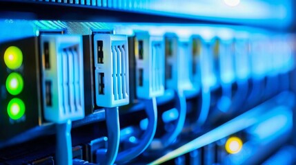 Close-up of a secure telecom server room with glowing blue lights, showcasing advanced cybersecurity technology and data protection infrastructure.