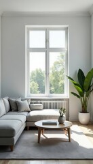 Large window, white walls, gray sofa, simple coffee table , walls, aesthetic, modern decor