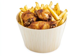 pieces of crispy, golden brown fried chicken in a pure white bucket with fries.