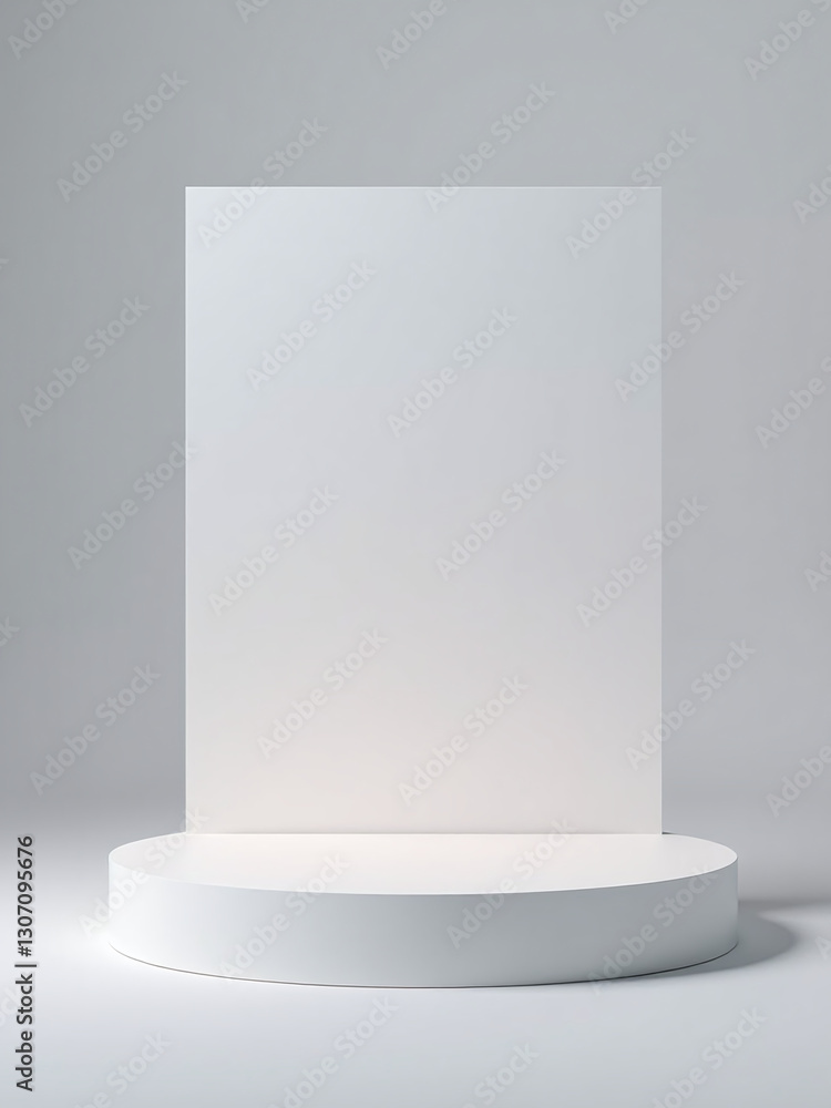 Poster a 3d geometric platform displays a product on a vacant stage with sales presentation banner, empty s