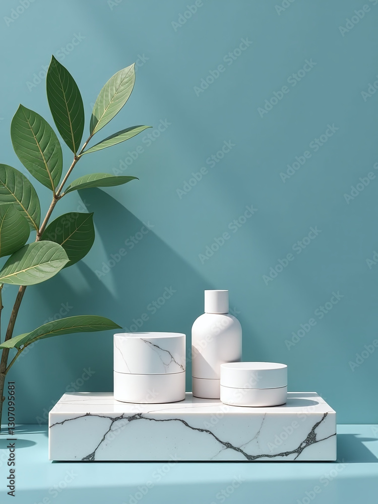 Poster a 3d rendered image of a marble product display with a serene natural scene featuring leaves on a bl