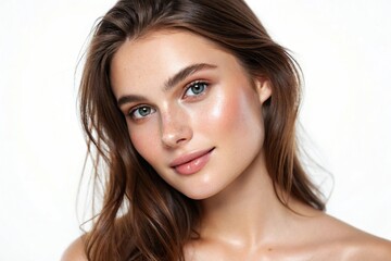 Fototapeta premium A young woman with glowing skin and natural makeup, showcasing beauty and confidence in a minimalist setting.