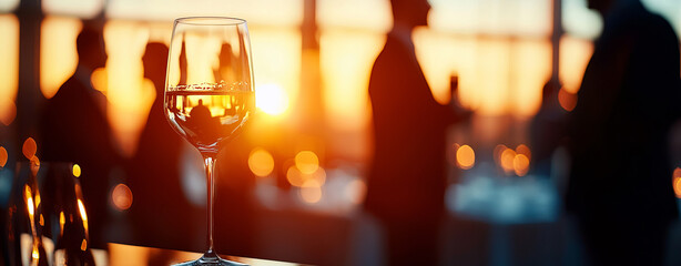 glass of water stands in focus as business professionals network at sunset