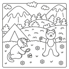 Coloring book. Cute kitties traveling through the mountains, tourists. 