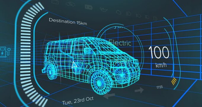 Electric vehicle dashboard displaying speed, destination, date in futuristic animation
