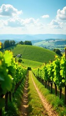 Naklejka premium Rolling hills, sun-drenched vines, French countryside, landscape, mediterranean