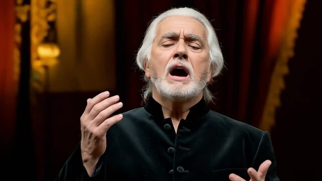 Senior opera singer performing on a grand theater stage