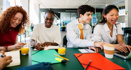 High school teenage students studying together at campus. Education lifestyle concept