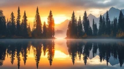 Majestic sunrise over a serene lake with mountains and evergreens reflecting in calm water.