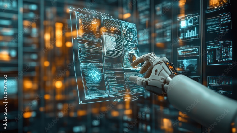 Poster robotic hand interacts with holographic data interface.