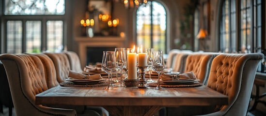 Elegant dining room set for a festive gathering, featuring a candlelit table and cozy ambiance