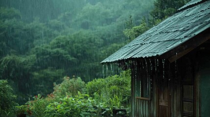 A peaceful moment captured in heavy rain, the wooden roof of a house dripping with water while the surrounding garden thrives in the downpour, best quality