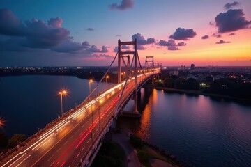 Brasilia's JK Bridge at dusk, heavy traffic flow , structure, night