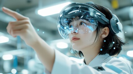 A bold leader pointing at holographic virtual assistants in a collaborative workspace, bright and clean atmosphere, Digital Surrealism, High Detail.