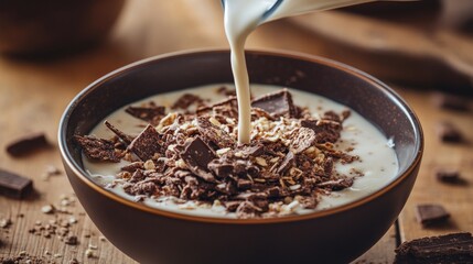 Creamy Chocolate and Oatmeal Breakfast Bowl with Milk Pouring