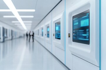 Naklejka premium Futuristic hallway with digital information kiosks, showcasing modern design and technology in an innovative environment.