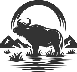 Buffalo standing in a swamp, water up to its knees animal vector silhouette