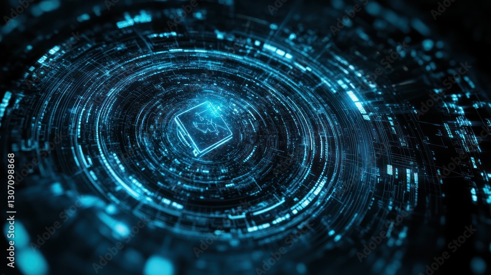 Poster futuristic digital interface with glowing concentric circles and central data cube.