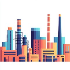 Obraz premium Vibrant illustration of industrial buildings and factories, showcasing modern architecture and urban development.