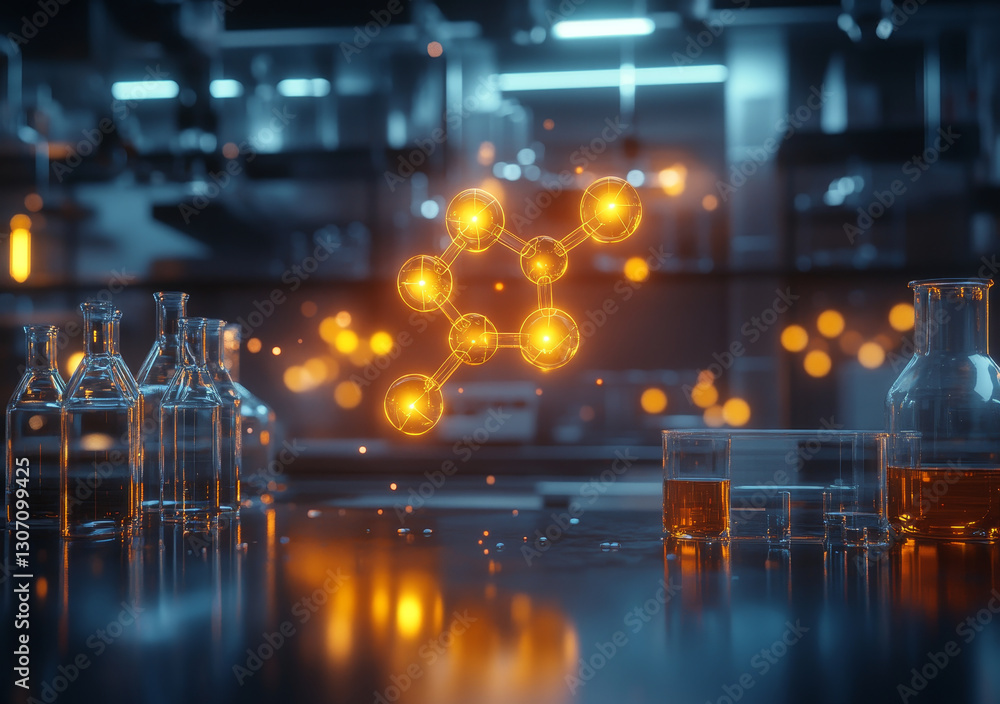 Poster glowing molecular structures above lab counter with glassware