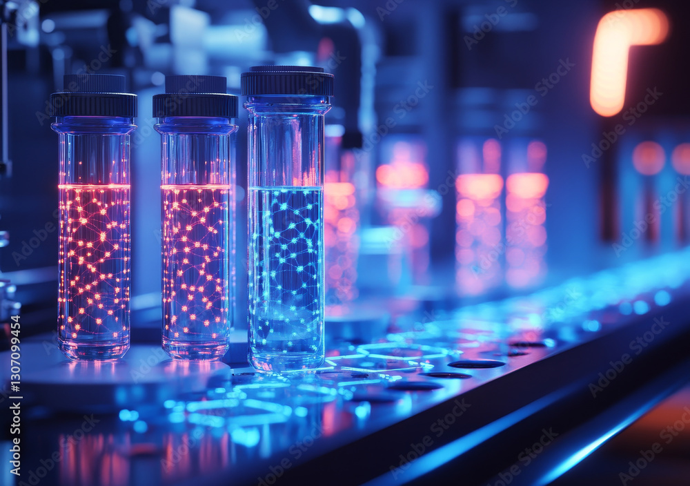 Poster glowing test tubes with colorful liquids in modern laboratory setting