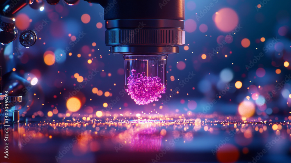 Poster microscope close up with glowing biological sample in lab setting