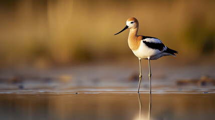 Obraz premium American avocet standing in shallow water with blurred background