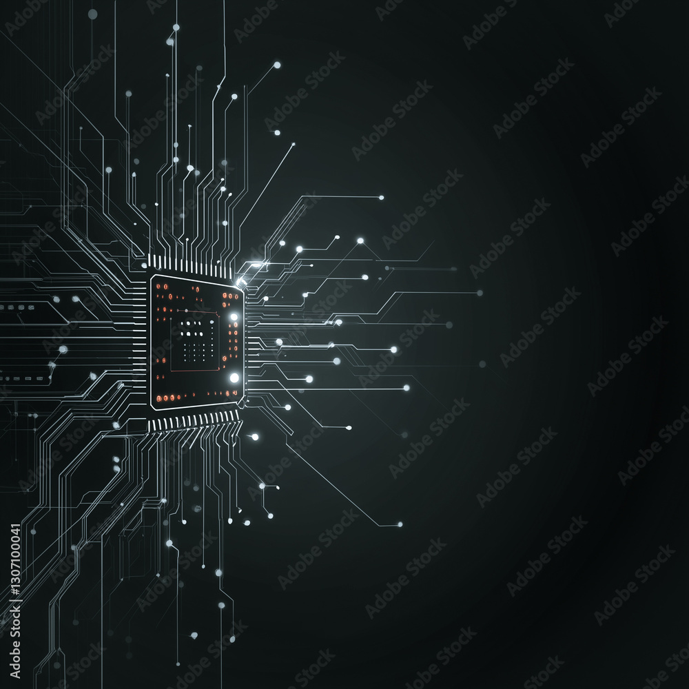Poster digital core: an intricate and complex close-up of a computer chip on a sleek black background, repr