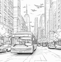 Urban Street Scene with Bus and Skyscrapers
