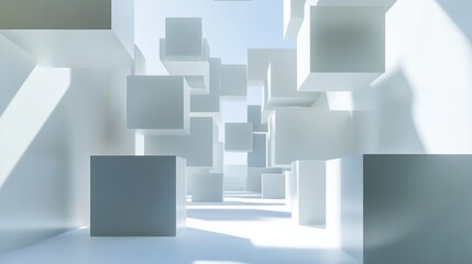 Naklejka premium Abstract 3D Composition of White Cubes and Light in a Minimalistic Environment for Modern Design Concepts and Digital Art Backgrounds