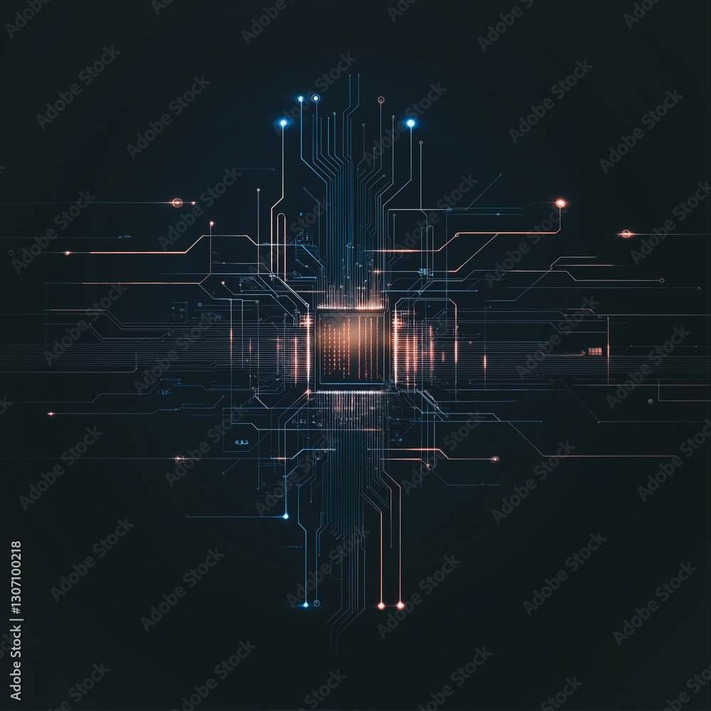 Aufkleber digital nexus: futuristic abstract illustration of an interconnected circuit board, featuring a glow