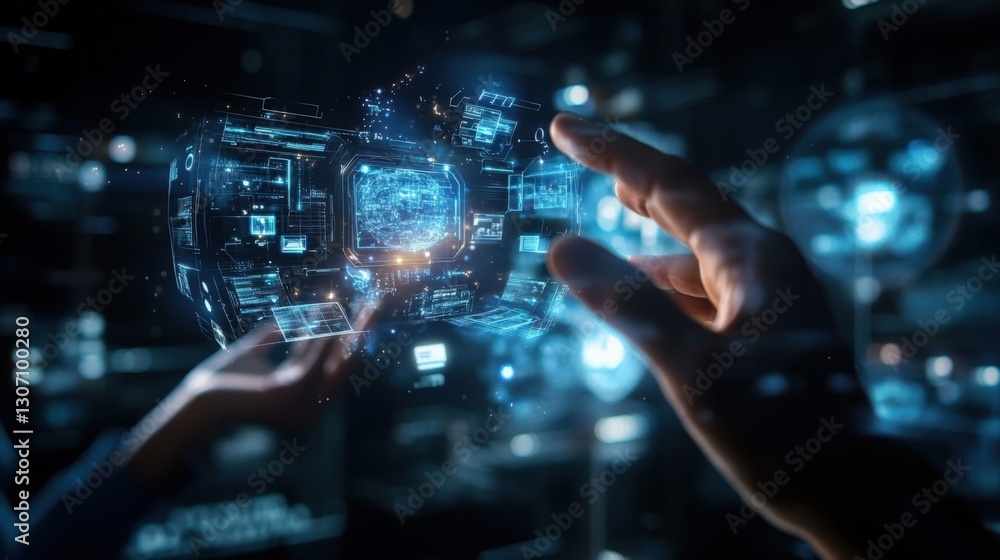 Poster software engineer interacting with a holographic interface, showcasing innovative technology and fut