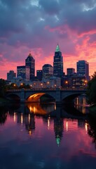 Fototapeta premium Minneapolis skyline & Stone Arch Bridge at dusk, buildings, cityscape