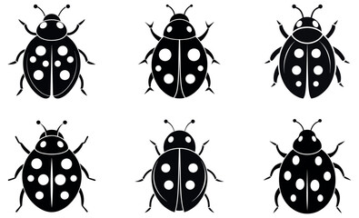 Six stylized, black and white silhouettes of ladybugs are presented on a plain white background.