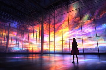 A futuristic mentor guiding young professionals with holographic tools in a brightly lit co-working space, vivid colors, Psychedelic, Digital Art.
