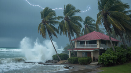 stormy beach scene with palm trees, waves crashing, and lightning