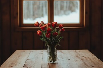 Natural light spilling through a rustic wooden window onto an antique table with flowers, vintage, muted palette, still life photography.