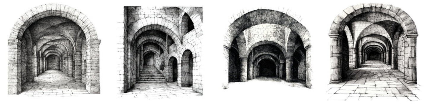 Mysterious and atmospheric black and white image showcasing the grand arched stone tunnels and vaulted corridors of an ancient Gothic castle monastery or cathedral interior