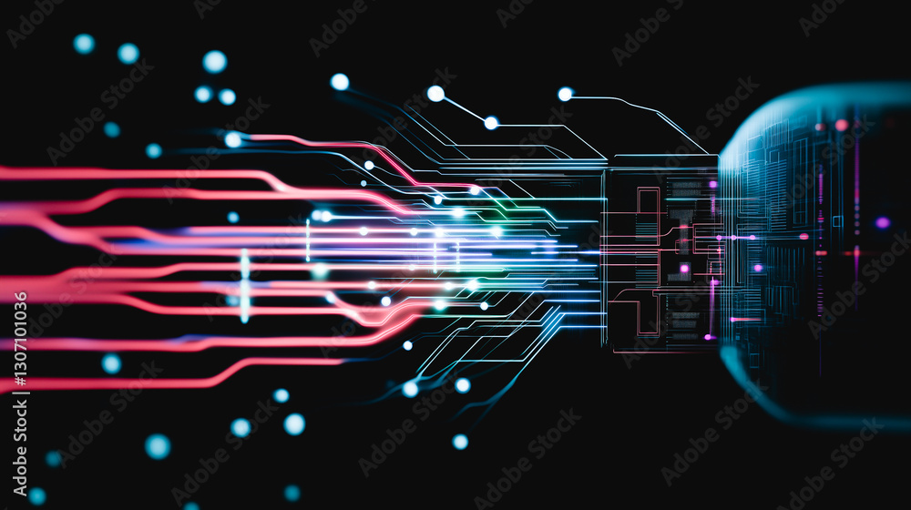 Poster digital network: illuminated data streams connect through a central hub, symbolizing the power of in