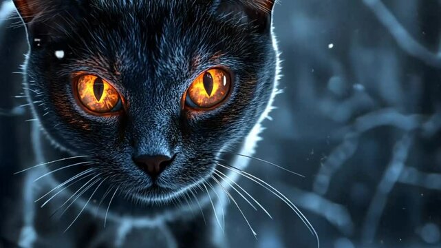 Close-up of a supernatural cat with glowing eyes in a wintry scene. Possible use For Halloween, fantasy, or mystical themes