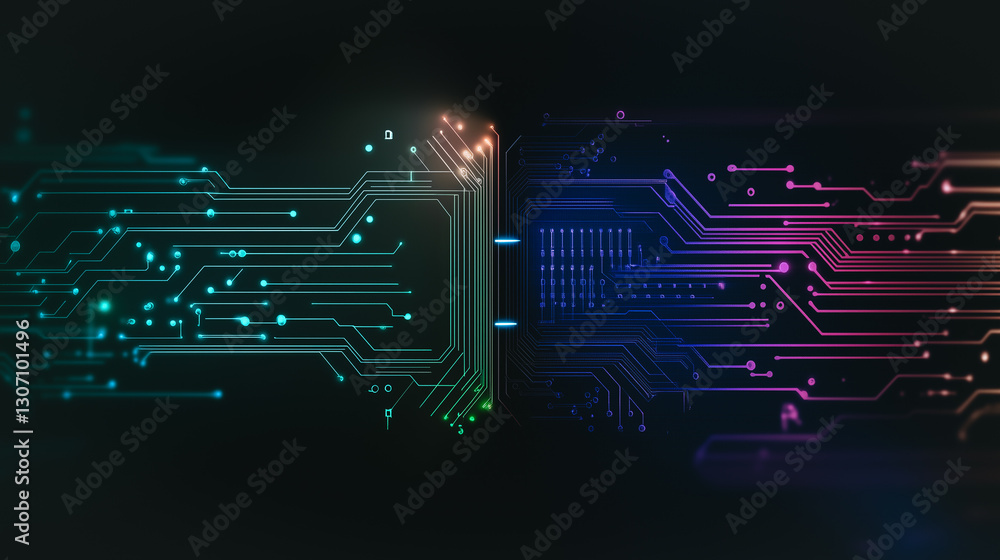 Poster interconnected circuitry: an artistic, vivid depiction of interconnected circuits, showcasing digita