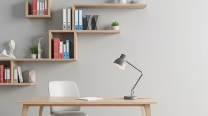 Modern office setup with wooden desk, lamp, and organized shelves