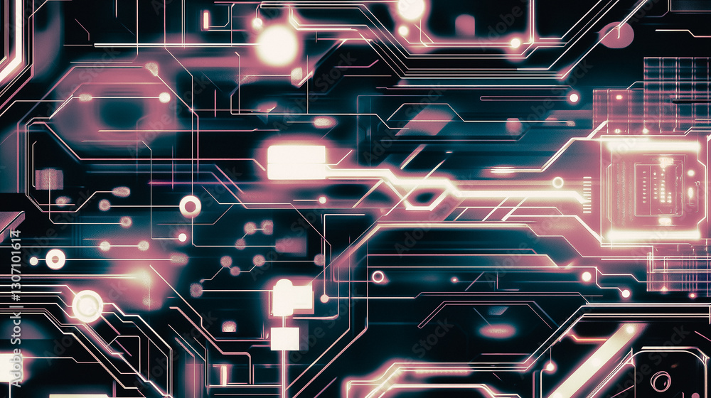 Poster cybernetic symphony: a mesmerizing close-up of a circuit board pulses with a vibrant digital energy,