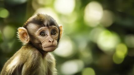 Fototapeta premium Curious baby monkey gazing into distance in lush forest
