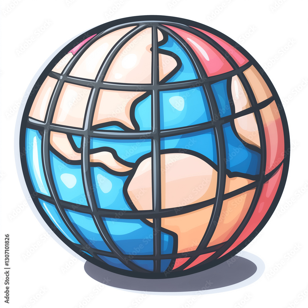 Poster global perspective: a vibrant globe illustration, segmented by geographical grids. featuring a color