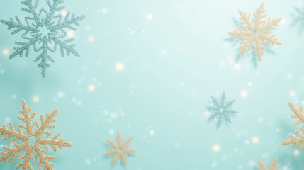 Winter snowflakes gently fall on soft blue background, creating serene and festive atmosphere