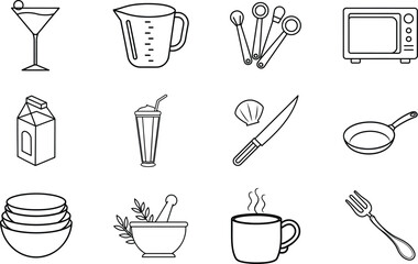 Kitchen Utensils, Cookware, and Drinkware Line Art Icons Set