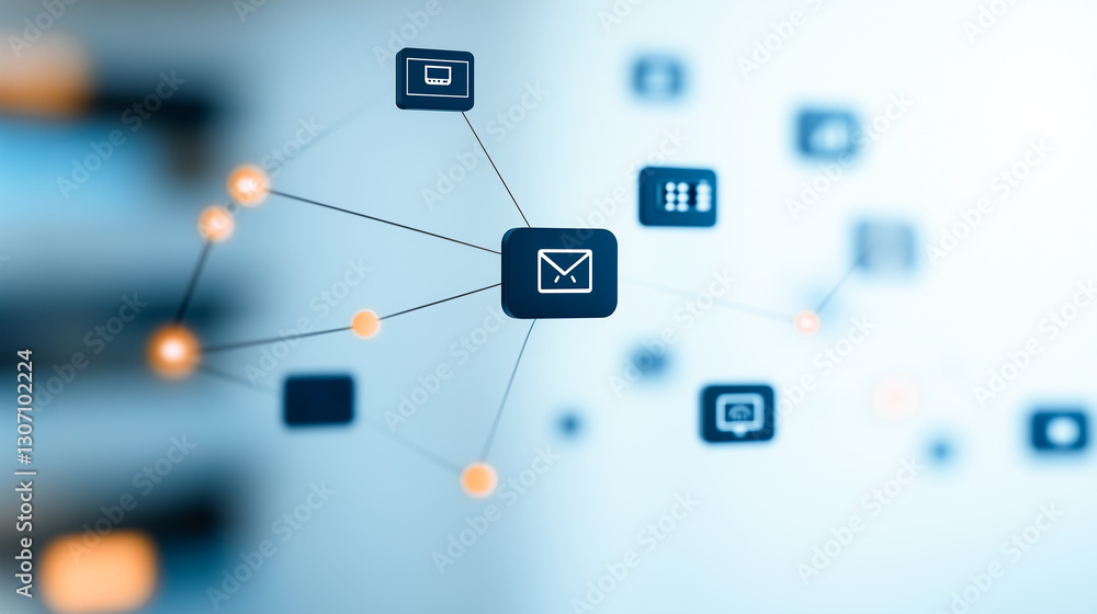 Poster network of communication: visualizing interconnectedness through a central email symbol, surrounded 