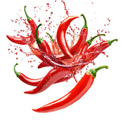 Fiery Splash of Chili Peppers: A captivating arrangement of vibrant red chili peppers bursts with a dynamic splash, showcasing the intense color and freshness of the spicy ingredients